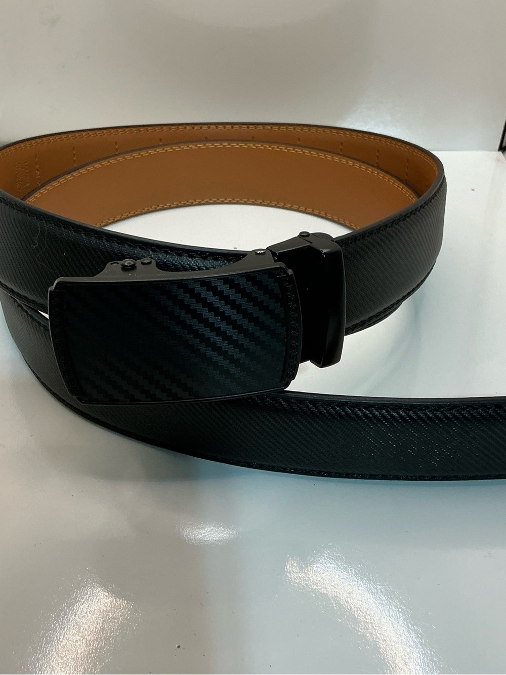 Bulliant Black Ratchet Belt Carbon Fiber Buckle Adjustable Fits 28-43